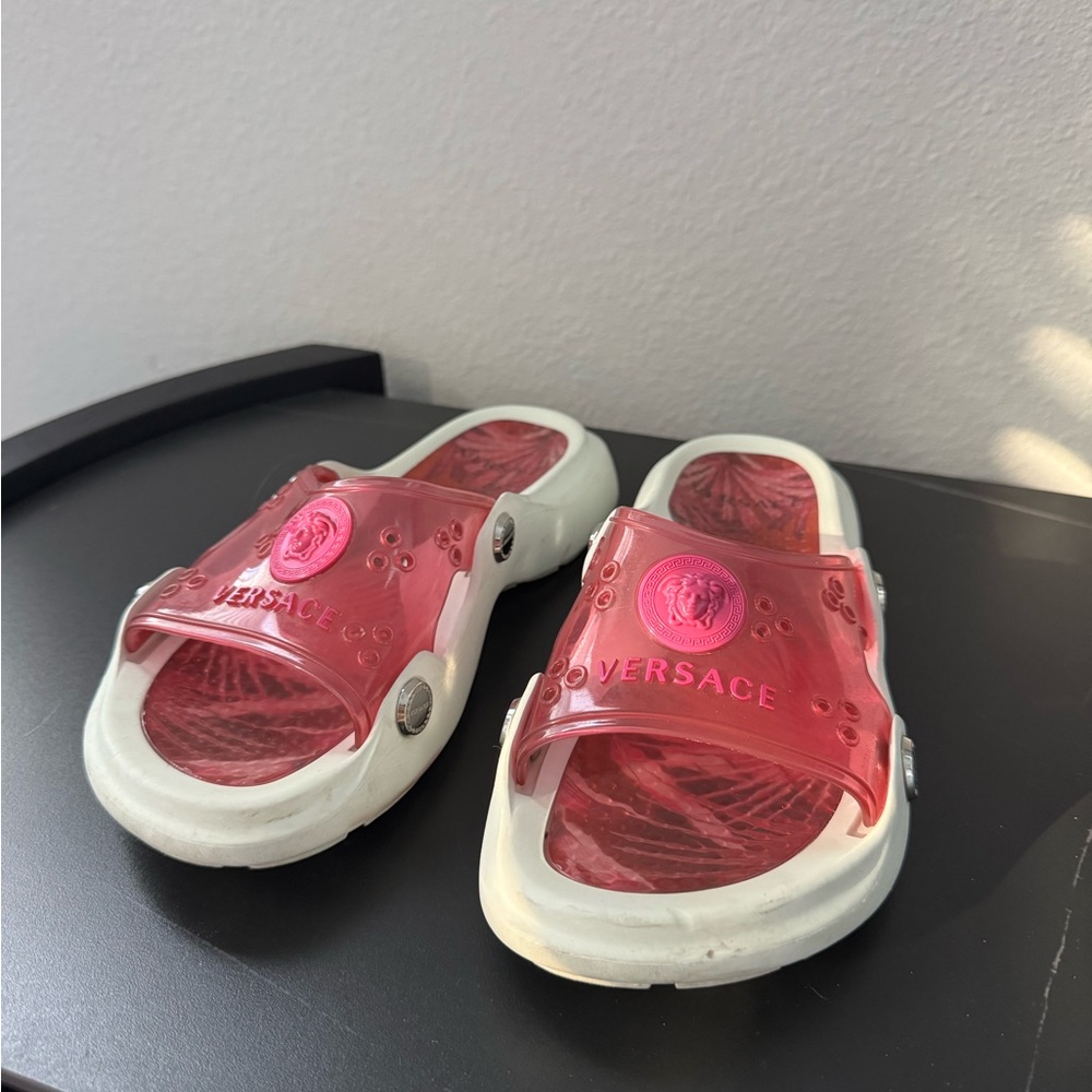 Versace Pink and White Slide Sandals